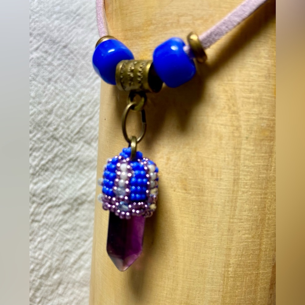 Purple Fluorite Beaded Crystal Point Necklace Lavender Periwinkle Blue